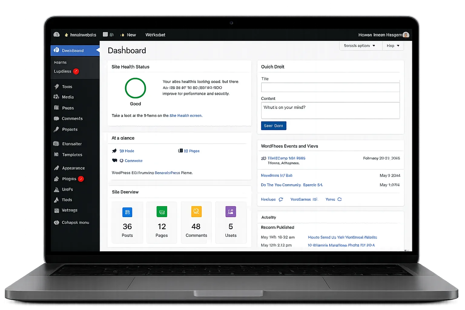 Laptop showing a WordPress development dashboard