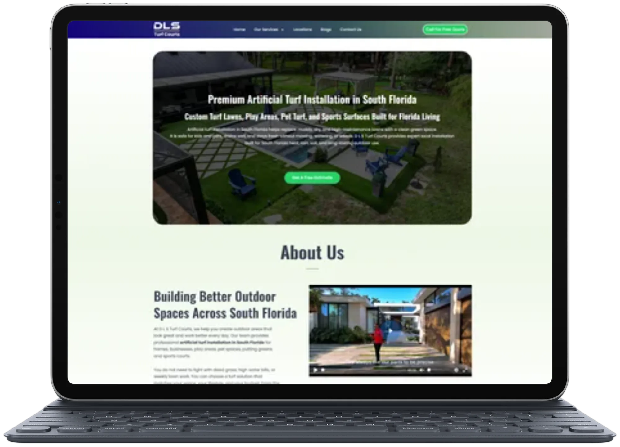 DLS Turf Courts website shown on a laptop