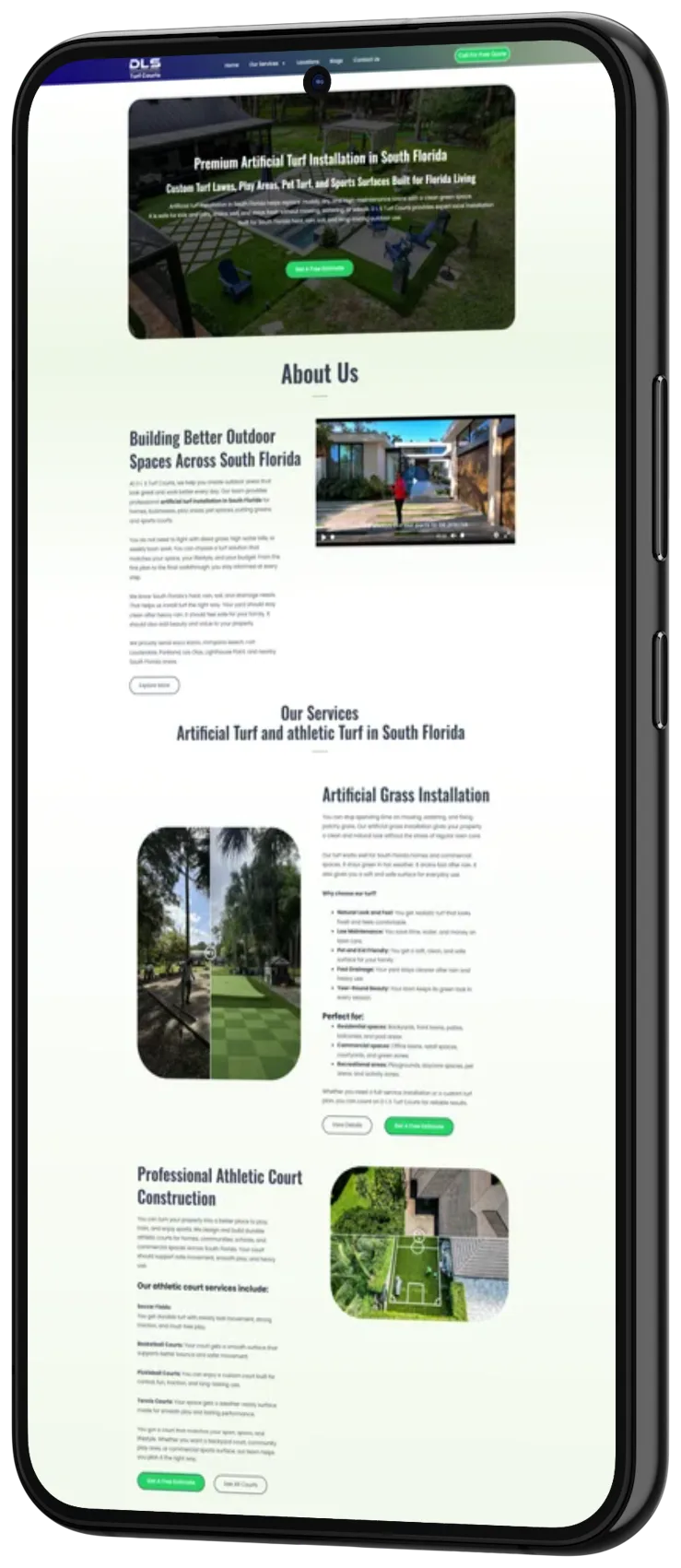 DLS Turf Courts website shown on a phone
