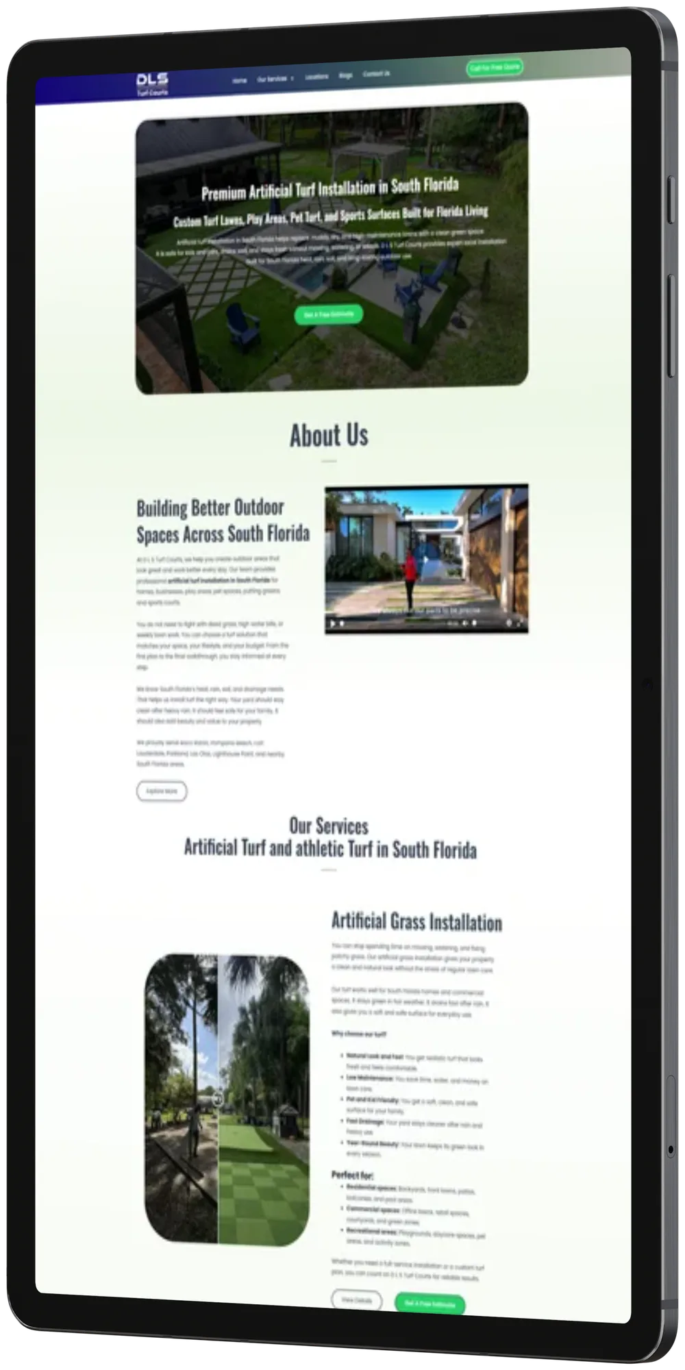 DLS Turf Courts website shown on a tablet in portrait
