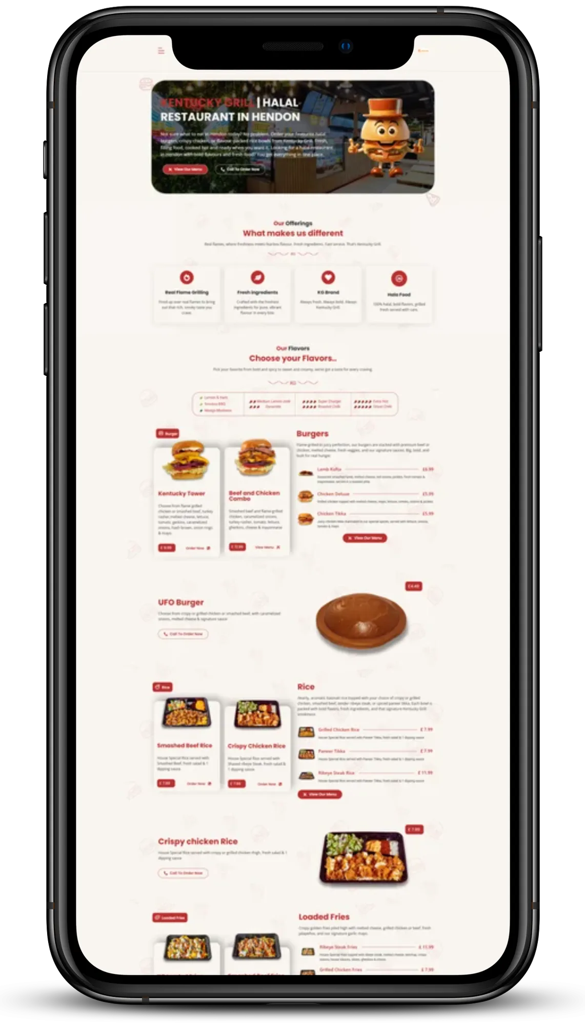 Kentucky Grill website shown on a phone