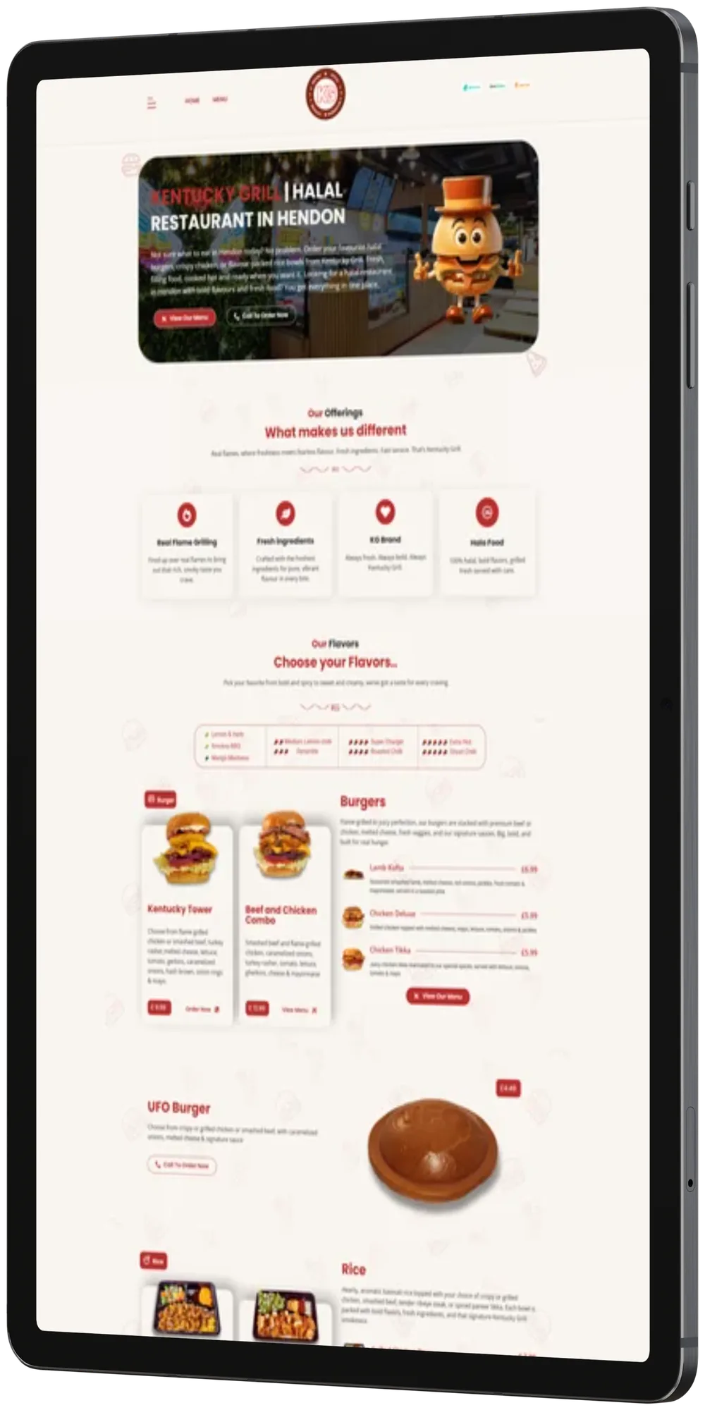 Kentucky Grill website shown on a tablet in portrait