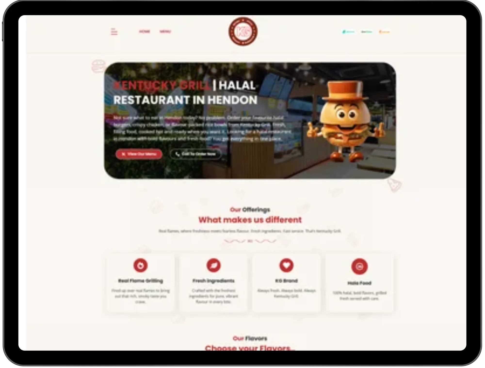 Kentucky Grill website shown on a tablet