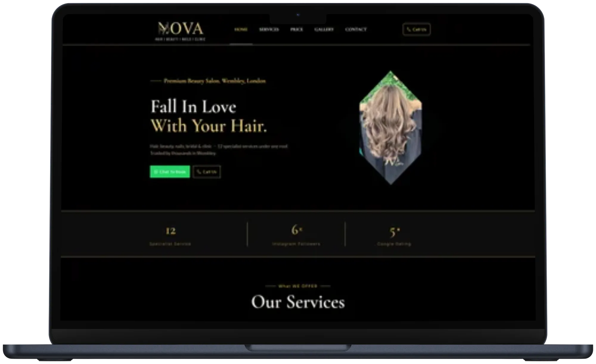 Nova Hair & Beauty website shown on a laptop