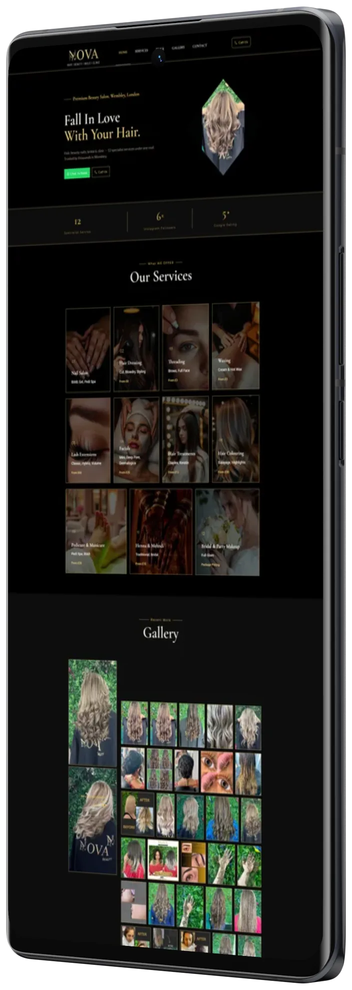 Nova Hair & Beauty website shown on a phone