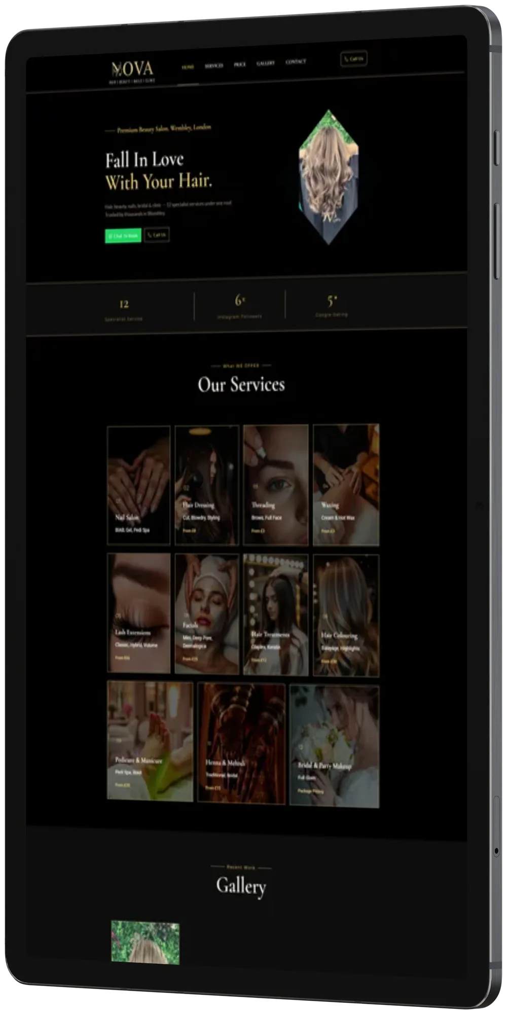 Nova Hair & Beauty website shown on a tablet in portrait