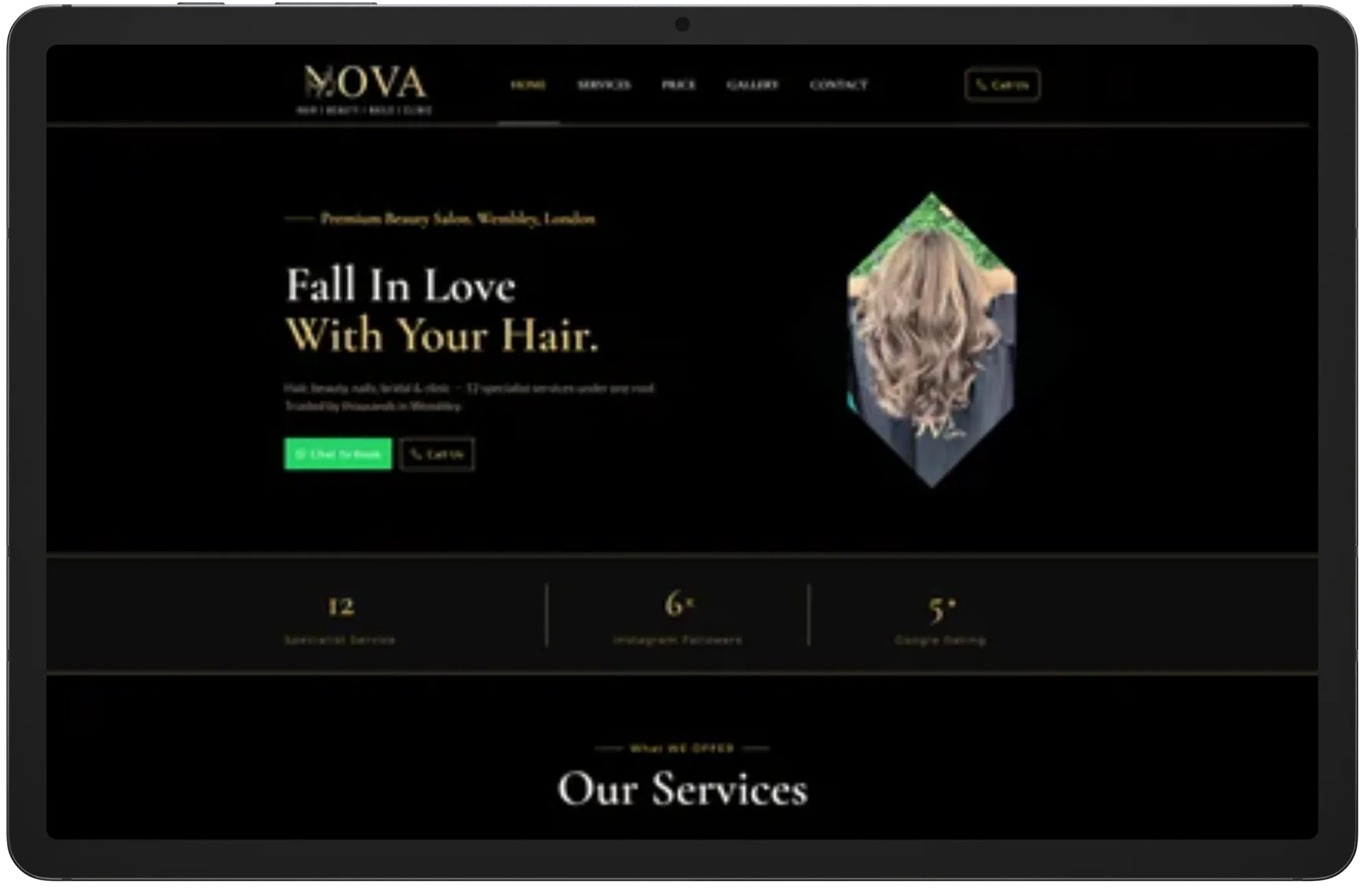 Nova Hair & Beauty website shown on a tablet